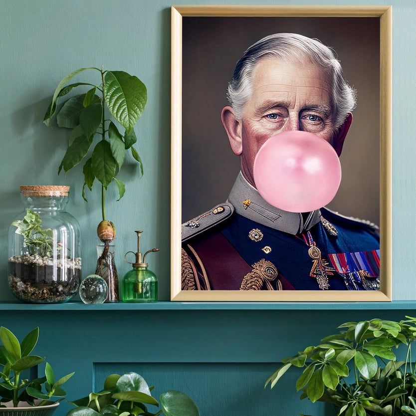 King Charles III Blowing Bubblegum print